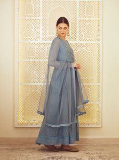 This set features a blue-grey dori embroidered long kurta with dupatta and trouser. Color: Blue Grey Fabric: Silk, Chanderi Jaquard And Georgette Embroidery Details: Gold Dori And Thread Care: Dry ... Grey Anarkali, Kurta With Dupatta, Blouse Yoke, Long Kurta, Coord Set, Casual Tunics, Indian Ethnic Wear, Indian Designer, Fabric Silk