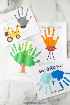 three handprint cards with the words best dad ever on them