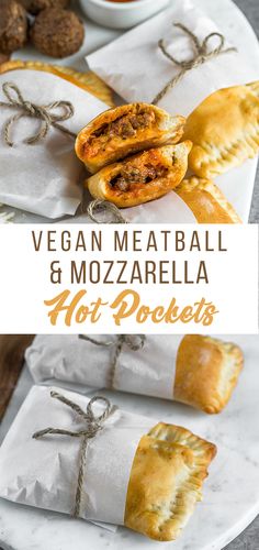 vegan meatball and mozzarella hot pockets on a white plate with text overlay