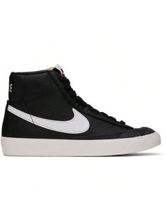 Nike 
Black Blazer Mid '77 Vintage Sneakers 
Mid-top grained leather sneakers in black. 
. Suede trim at toe and sides 
. Lace-up closure 
. Logo patch at padded tongue 
. Padded collar 
. Swoosh appliqué at sides 
. Logo printed at heel tab 
. Treaded rubber sole 
Please note that this item may be shipped only within North America. 
Supplier color: Black/White sail 
Upper: leather. Sole: rubber. 
Made in Indonesia. 
241011M236043 
Black Blazer Mid '77 Vintage Sneakers default         Sports & O Sporty Mid-top Basketball Shoes With Studded Outsoles, High-top Studded Sneakers For Skateboarding, Blazer Mid 77 Vintage, Casual Athletic Shoes, Athletic Shoes Nike, Vintage Sneakers, Blazer Mid, Casual Athletic, Mid Top