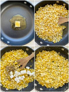 corn being cooked in a skillet with butter on top, and then cooking tofu