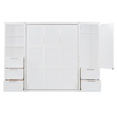 an open white cabinet with drawers and doors on the bottom, in front of a white background