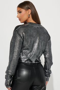 Available In Gunmetal. Pullover Sweater Long Sleeve Crew Neck Distressed Metallic Cropped Ribbed Hem Disclaimer: Due To The Distressing Process, Each Garment Is Unique Shell: 100% Acrylic Imported | Symone Distressed Metallic Sweater in Gun Metal size 3X by Fashion Nova Metallic Sweater, Matching Dresses, Sweater Fashion, Long Sweaters, Active Wear For Women, Pullover Sweater, Long Sleeve Sweater, Clothes For Sale, Pullover Sweaters