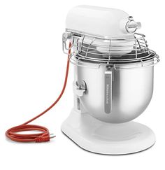 an electric mixer on a white background with a red cord connected to it and the attachment plugged in