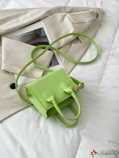 BirdinBag - Neon-Green Double Handle Square Bag - Compact and Chic Green Handheld Mobile Phone Box Bag, Handheld Green Box Bag For Mobile Phone, Green Rectangular Baguette Bag With Mobile Phone Pocket, Green Double Handle Satchel With Mobile Phone Bag, Green Satchel With Mobile Phone Bag For Shopping, Green Mobile Phone Bag Rectangular Shape, Green Rectangular Mobile Phone Bag, Green Tote Baguette Bag With Adjustable Strap, Green Box Bag With Double Handle And Adjustable Strap