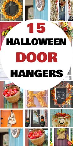 15 Halloween-themed door hangers displayed in a collage with various decorations. Rake Decor, Door Hanger Ideas, Spooky Halloween Crafts, Diy Scarecrow, Scary Skeleton, Chalkboard Decor