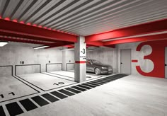 an empty parking garage with red and white numbers on the wall, and a car parked in it