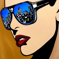 a painting of a woman wearing sunglasses with city skyline in the reflection on her face