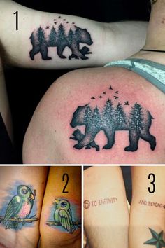 four different tattoos on the back of women's butts, including an owl and bear