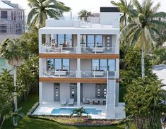 an artist's rendering of a two - story house in the middle of palm trees