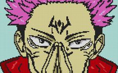 an image of a pixellated face with pink hair