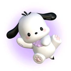 a white dog with black ears and paws is flying through the air in front of a purple background