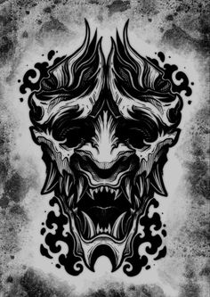 a black and white drawing of a demon's head