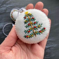 a hand holding a white ornament with a christmas tree decoration on it's side