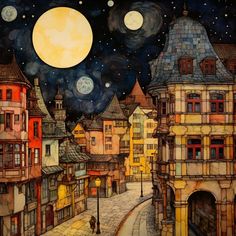 a painting of an old european city at night with the moon in the sky above