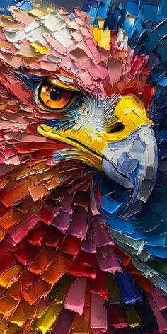 an eagle made out of colored paper with yellow and blue eyes is featured in this image