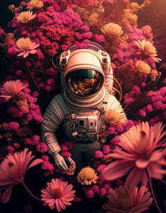 an astronaut floating in the air surrounded by flowers