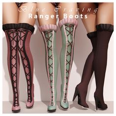 three pairs of high heeled boots with laces and bows on the sides, all in different colors