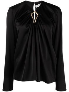 jet black tonal stitching gold-tone hardware draped detailing round neck single rear button fastening long sleeves straight hem Black Satin Blouse, Eyelet Blouse, Draped Blouse, Drape Sleeves, Metal Detail, Work Wear Women, Satin Blouse, Red Blouses, Brown Fashion