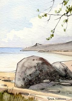 a watercolor painting of a rock on the beach with trees in the foreground