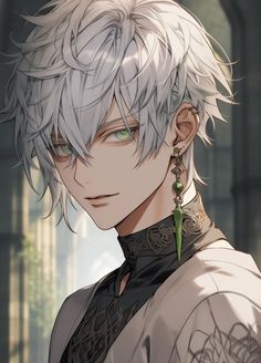 an anime character with white hair and green eyes looking at the camera while wearing earrings