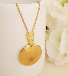 Long large gold pendant Necklace,circle Oval rustic Pendant, Delicate, 18k Gold plated Chain, Simple Large Gold Pendant, Pendant Delicate, Necklace Circle, Gold Statement Ring, Circle Pendant Necklace, Handcrafted Rings, Black Gift, Pendant Design, Box Spring