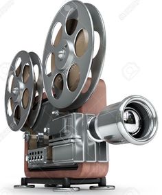 an old movie projector on a white background with clippings for the film