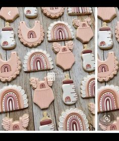 decorated cookies are arranged on a wooden table