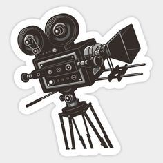 an old fashioned movie camera on a tripod sticker is shown in black and white