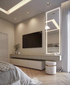 a bedroom with a large flat screen tv mounted on the wall