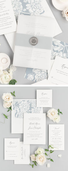 the wedding stationery is laid out on top of each other