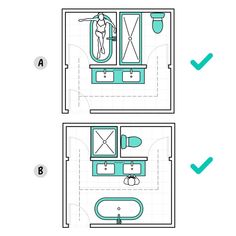 the bathroom floor plan is shown in three different ways, including an overhead shower and sink