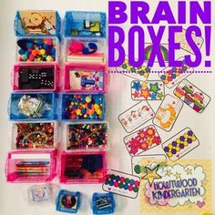 there are many plastic boxes with different items in them and the words, brain boxes