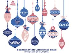 the scandinavian christmas balls are hanging from strings and decorated with ornaments in blue, pink and red