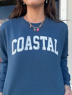 Stay cozy and stylish in our "Coastal" Crewneck Sweatshirt! Made with high-quality materials, this sweatshirt features a classic crewneck design and a playful nod to coastal living. Perfect for casual or loungewear, this sweatshirt will add a touch of quirkiness to your wardrobe. Available now for a limited time! Crewneck Design, Custom Name Necklace, Dark Teal, Coastal Living, Stay Cozy