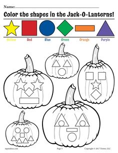 halloween worksheet for kids with pumpkins and shapes to color in the background