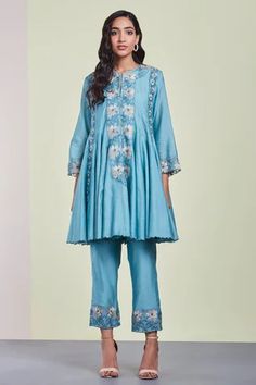 Shop for Sue Mue Blue Embroidered Chanderi Kurta Set for Women Online at Aza Fashions Blue Chikankari Embroidery Sharara For Spring, Blue Sharara With Chikankari Embroidery For Spring, Spring Blue Sharara With Chikankari Embroidery, Blue Chikankari Embroidered Sharara For Spring, Blue Anarkali Set With Floral Embroidery For Spring, Spring Blue Anarkali Set With Floral Embroidery, Blue Anarkali Pant Set With Dupatta, Spring Embroidered Blue Anarkali Set, Blue Anarkali Lawn Suit With Floral Embroidery