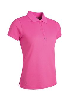 a women's pink polo shirt with short sleeves and buttons on the collarline