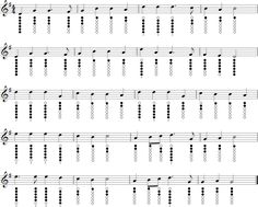 sheet music with musical notations and notes for the guitar, which are arranged in three rows