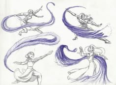 some drawings of people doing different things in the air with long hair and flowing clothes