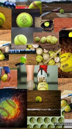 a collage of photos with different types of softballs