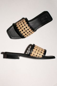 Black Rattan Pia Slide Beach Flats, Straw Sandals, Black Rattan, Jeweled Bag, Woven Sandals, Stacked Heel, Leather Trim, Sale Design, Custom Items