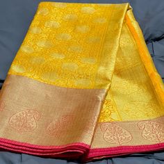 Very Pretty, Never Worn Saree, Katan And Lightweight Yellow Saree For Puja, Yellow Saree With Pallu For Summer, Traditional Yellow Saree For Summer, Traditional Yellow Summer Saree, Katan Saree, Gold Yellow, Saree, Womens Dresses, Yellow