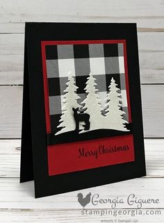 a black and white christmas card with trees on the front, merry christmas from stampingforia com