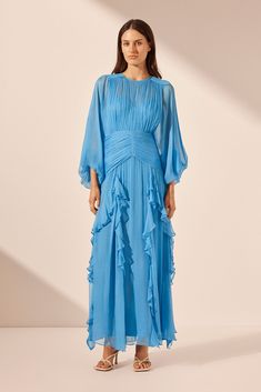 Margot Round Neck Balloon Sleeve Maxi Dress | Aqua | Dresses | Shona Joy Frill Maxi Dress, Build Wardrobe, Aqua Dresses, Shona Joy, Luxury Wear, Aqua Dress, Stylish Clothes For Women, Stylish Clothes, Sleeve Maxi Dress