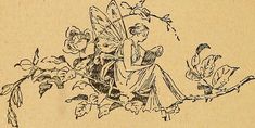 a drawing of a fairy sitting on a branch with flowers