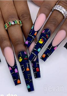 Blooming Gel Nail Art French, Video Game Nail Designs, Best Nail Designs 2023, Unique Nails Acrylic Coffin, Gengar Nails, Long Square Acrylic Nails Designs, Video Game Nails, Long Exotic Nail Designs, 3d Nail Designs Acrylics