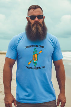 I Wonder If My Kayak Thinks About Me Too t-shirt is a funny gift for kayakers who are obsessed with kayaking.  This unisex graphic tee features a colorful kayak and paddle design. The perfect gift for kayakers, men and women who appreciate that life is good on the water. This Carolina blue tee is a perfect gift for anyone who loves to spend time paddling on the water. 

Made in the USA using a Bella Canvas brand shirt
Pre-shrunk
Sizes: S to XXL Unisex sizing Big Mustache, Fun Graphic Tees, Beer Cheese, Sun Shirt, Fishing Theme, Cool Graphic Tees, Blue Tee, Branded Shirts, Carolina Blue