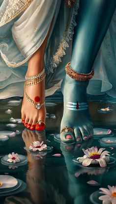 a painting of a woman's feet in water with flowers on the ground next to her