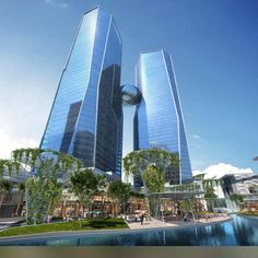 an artist's rendering of two skyscrapers next to a pool in the city